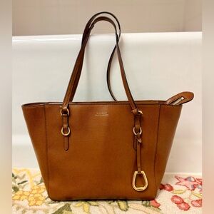 LAUREN RALPH LAUREN Classic Brown Leather Oxford Tote Bag W/ Gold Hardware Charm